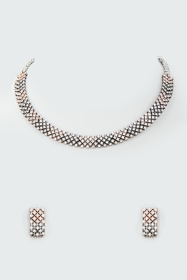 Two Tone Finish White Zircon Choker Necklace Set by Moh-Maya by Disha Khatri at Pernia's Pop Up Shop