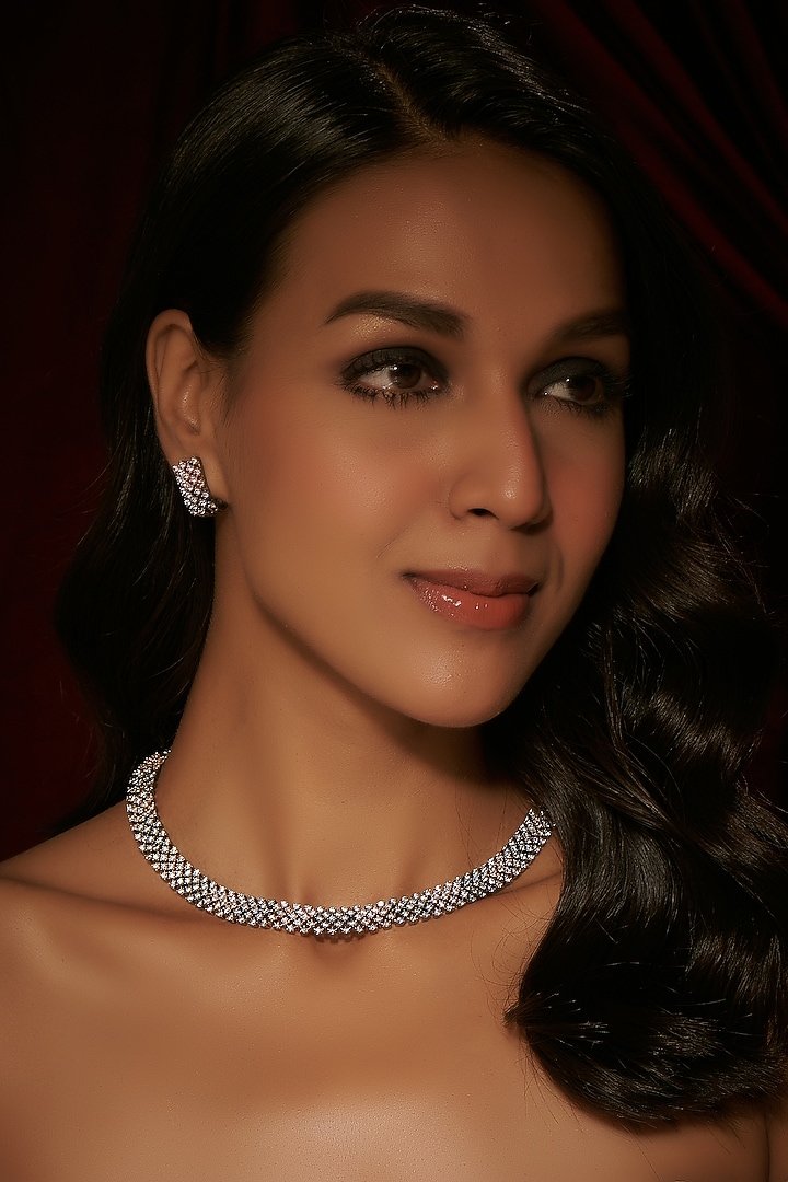 Two Tone Finish White Zircon Choker Necklace Set by Moh-Maya by Disha Khatri at Pernia's Pop Up Shop