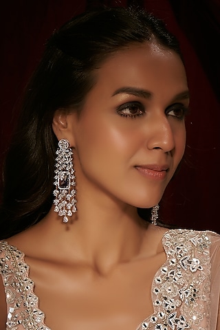 White Finish Purple Stone & Zircon Dangler Earrings by Moh-Maya by Disha Khatri