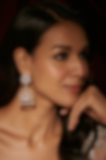 Gold Finish White Zircon Jhumka Earrings by Moh-Maya by Disha Khatri