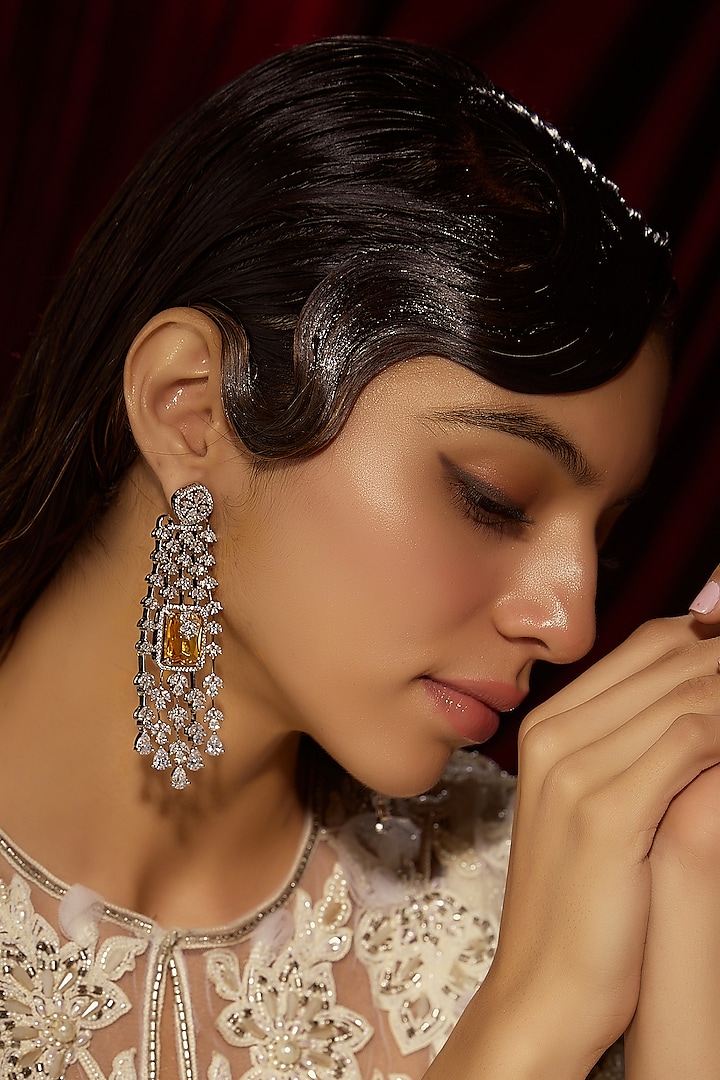 White Finish Yellow Sapphire & Zircon Dangler Earrings by Moh-Maya by Disha Khatri