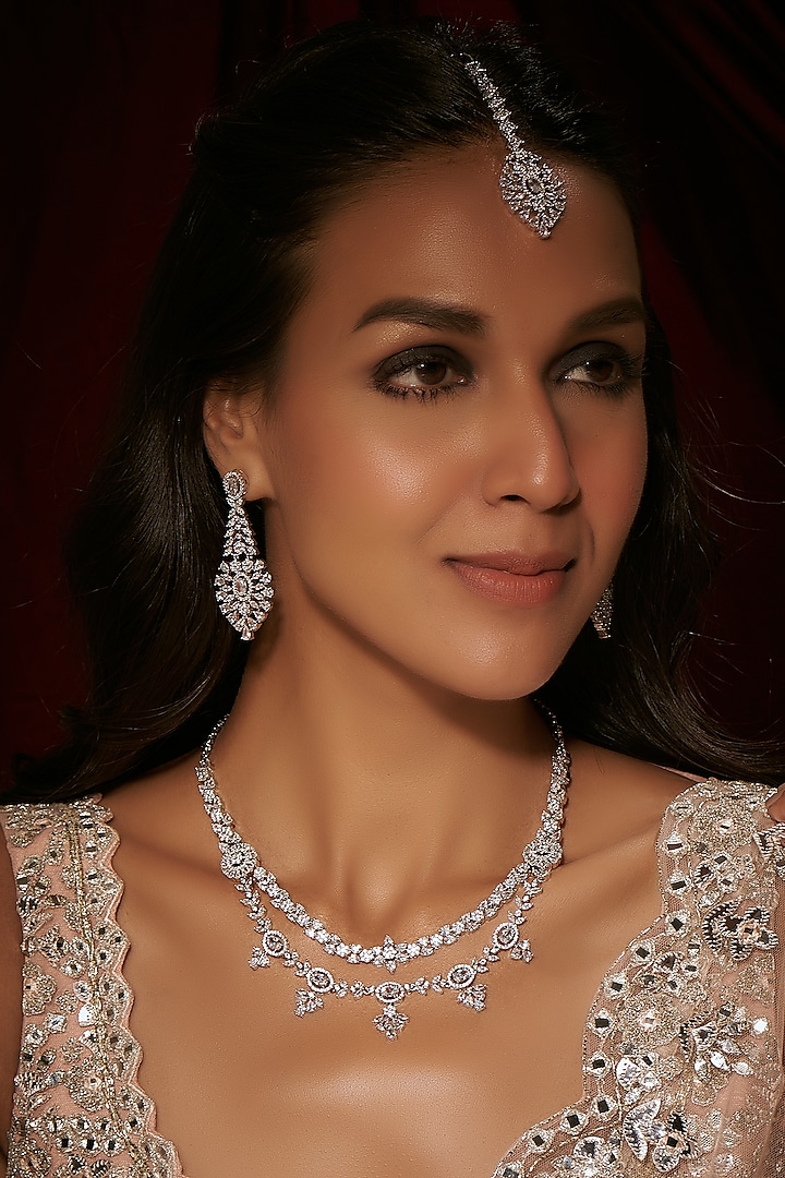 White Finish Zircon Layered Necklace Set by Moh-Maya by Disha Khatri