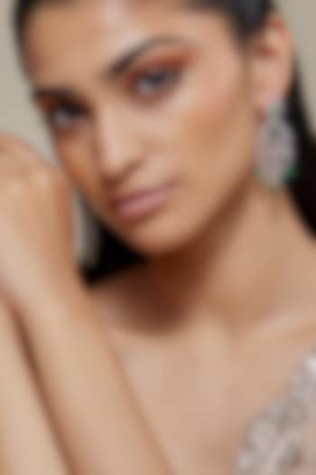 Silver Finish Zircon & Emerald Stone Dangler Earrings by Moh-Maya by Disha Khatri at Pernia's Pop Up Shop