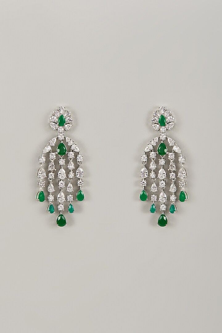 Silver Finish Zircon & Emerald Stone Dangler Earrings by Moh-Maya by Disha Khatri at Pernia's Pop Up Shop