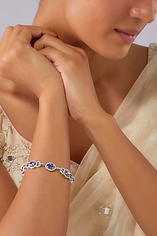 Silver Finish Zircon & Amethyst Sapphire Stone Bracelet by Moh-Maya by Disha Khatri