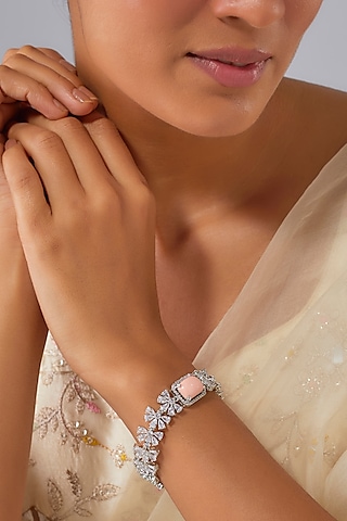 Silver Finish Zircon & Peach Opal Stone Bracelet by Moh-Maya by Disha Khatri