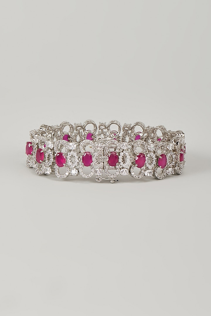 Silver Finish Zircon & Ruby Stone Bracelet by Moh-Maya by Disha Khatri at Pernia's Pop Up Shop