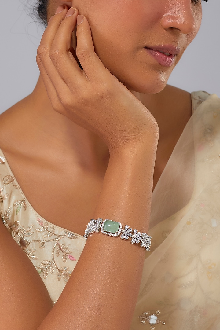 Silver Finish Zircon & Turquoise Stone Bracelet by Moh-Maya by Disha Khatri at Pernia's Pop Up Shop
