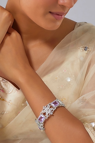Silver Finish Zircon & Amethyst Stone Bracelet by Moh-Maya by Disha Khatri