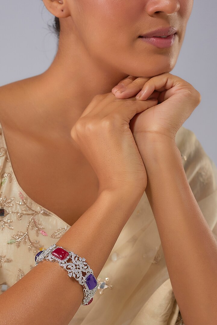 Silver Finish Zircon & Ruby Stone Bracelet by Moh-Maya by Disha Khatri at Pernia's Pop Up Shop