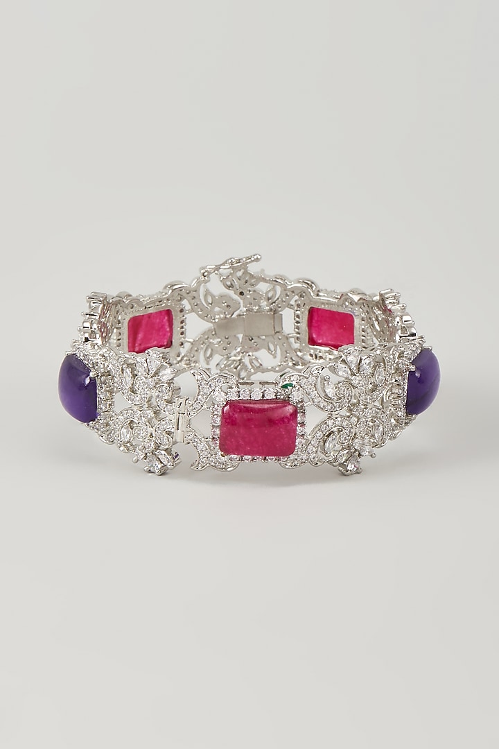 Silver Finish Zircon & Ruby Stone Bracelet by Moh-Maya by Disha Khatri at Pernia's Pop Up Shop