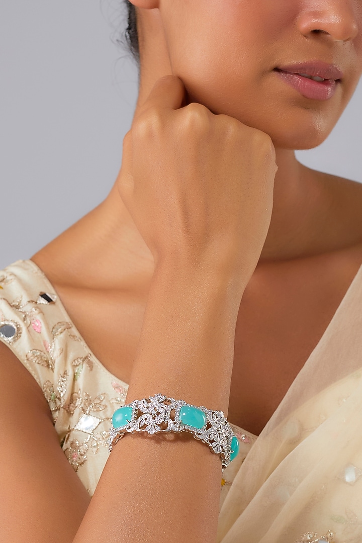 Silver Finish Zircon & Aquamarine Opal Stone Bracelet by Moh-Maya by Disha Khatri at Pernia's Pop Up Shop