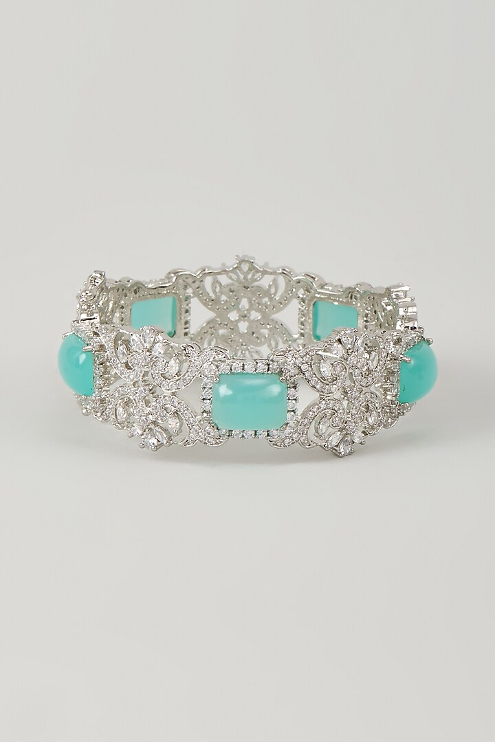 Silver Finish Zircon & Aquamarine Opal Stone Bracelet by Moh-Maya by Disha Khatri at Pernia's Pop Up Shop