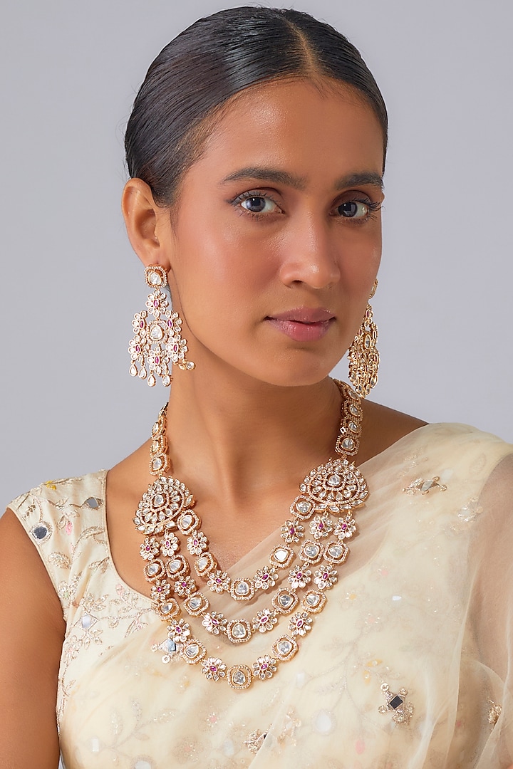 Gold Finish Kundan Polki & Ruby Zircon Layered Necklace Set by Moh-Maya by Disha Khatri at Pernia's Pop Up Shop