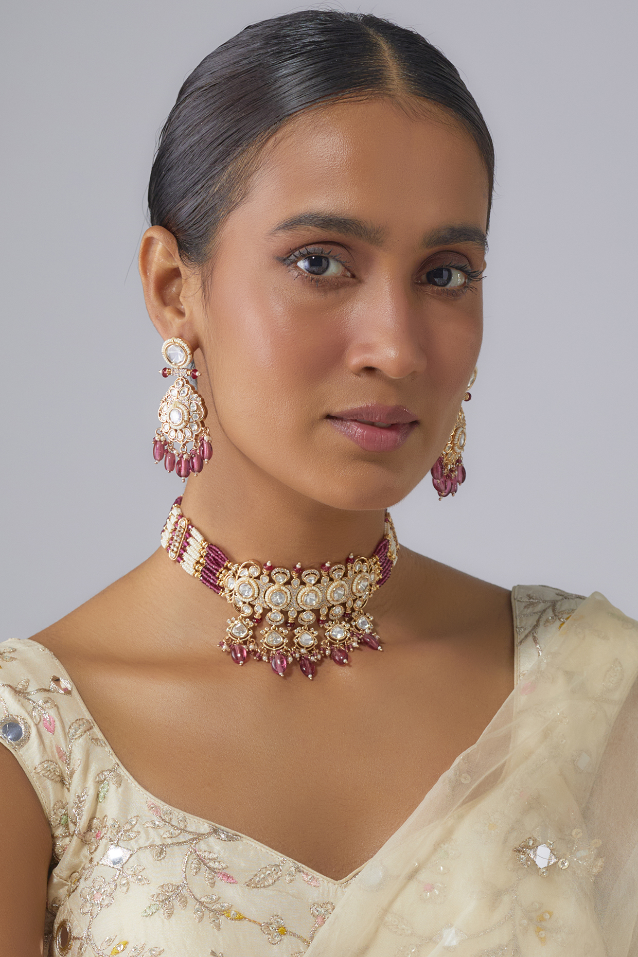 Gold Finish Kundan Polki & Ruby Stone Choker Necklace Set by Moh-Maya by Disha Khatri at Pernia's Pop Up Shop