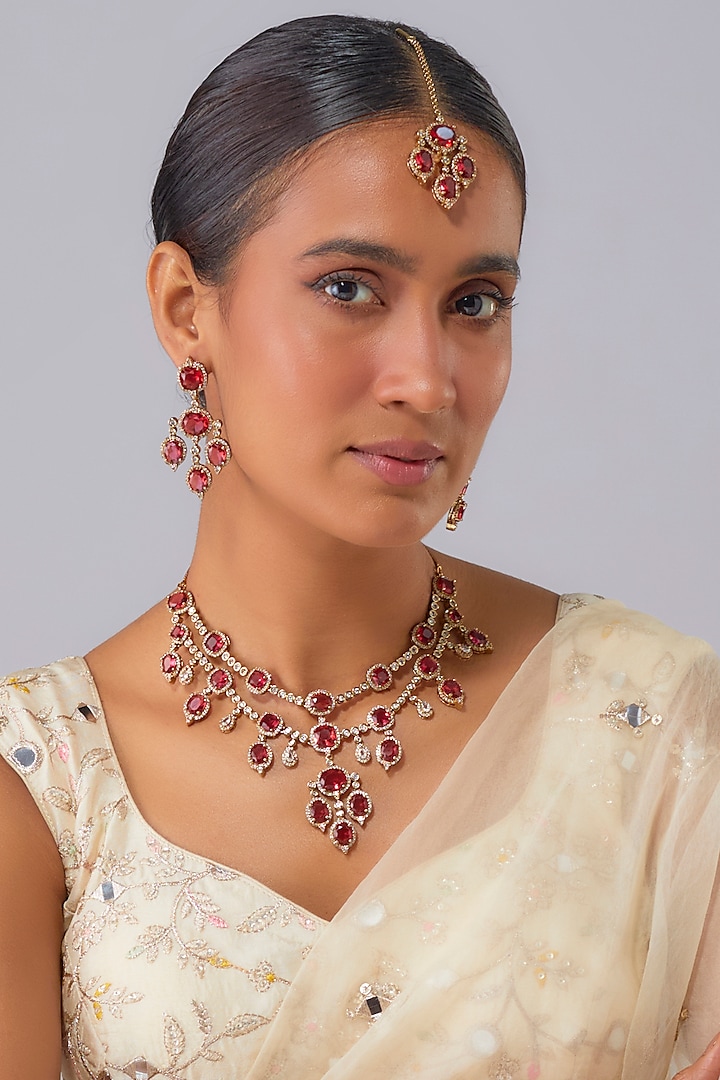 Black Rhodium Finish Zircon & Ruby Stone Necklace Set by Moh-Maya by Disha Khatri at Pernia's Pop Up Shop