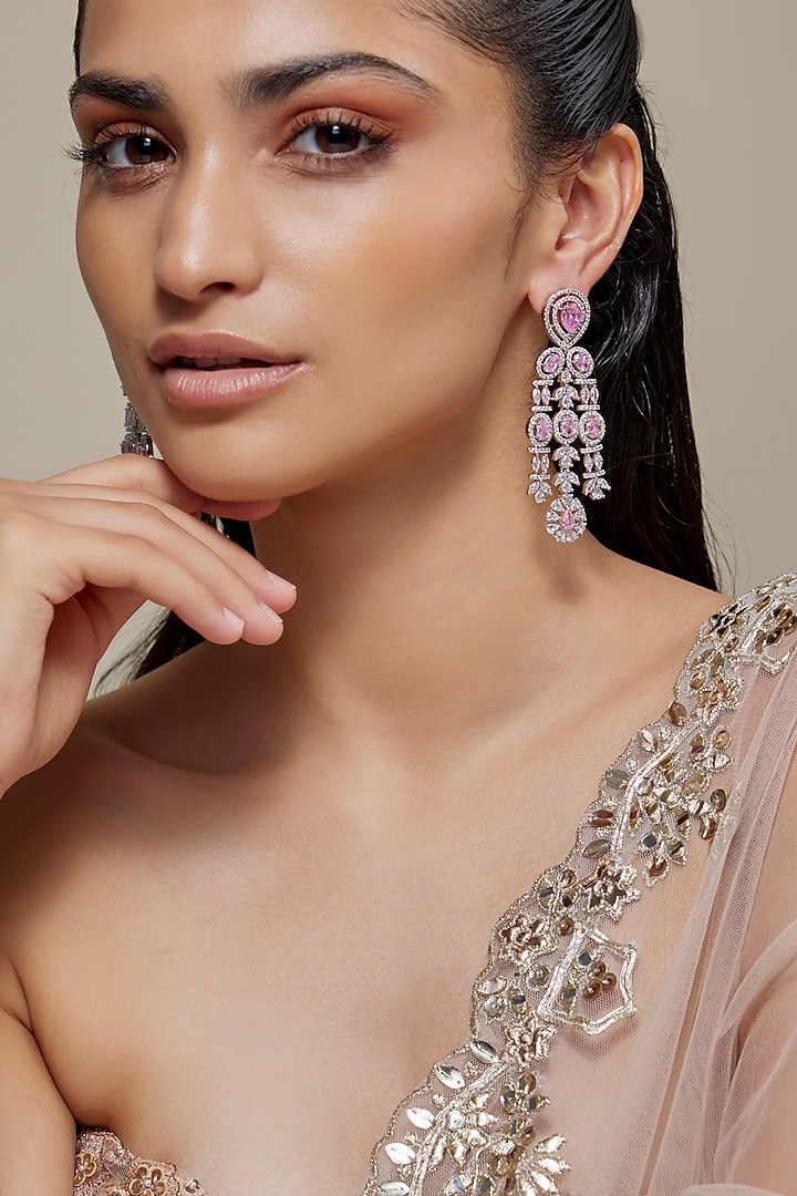 Silver Finish Rose Quartz Stone & Zircon Dangler Earrings by Moh-Maya by Disha Khatri at Pernia's Pop Up Shop