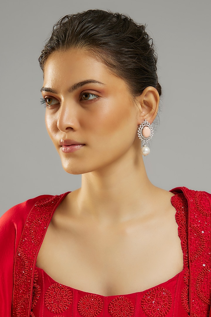 Silver Finish Peach Moon Stone & Zircon Dangler Earrings by Moh-Maya by Disha Khatri at Pernia's Pop Up Shop