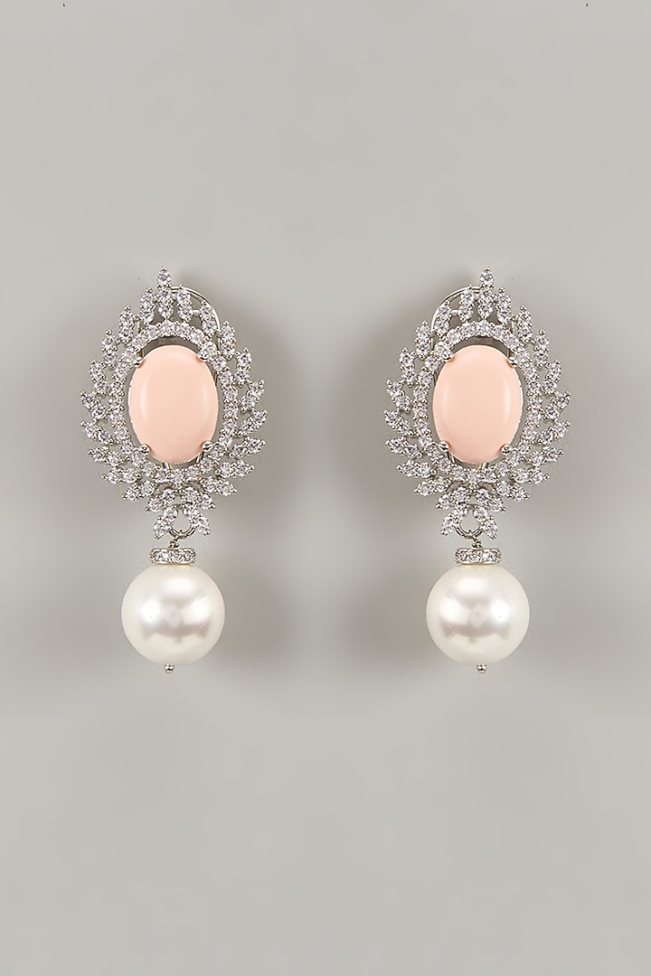 Silver Finish Peach Moon Stone & Zircon Dangler Earrings by Moh-Maya by Disha Khatri at Pernia's Pop Up Shop