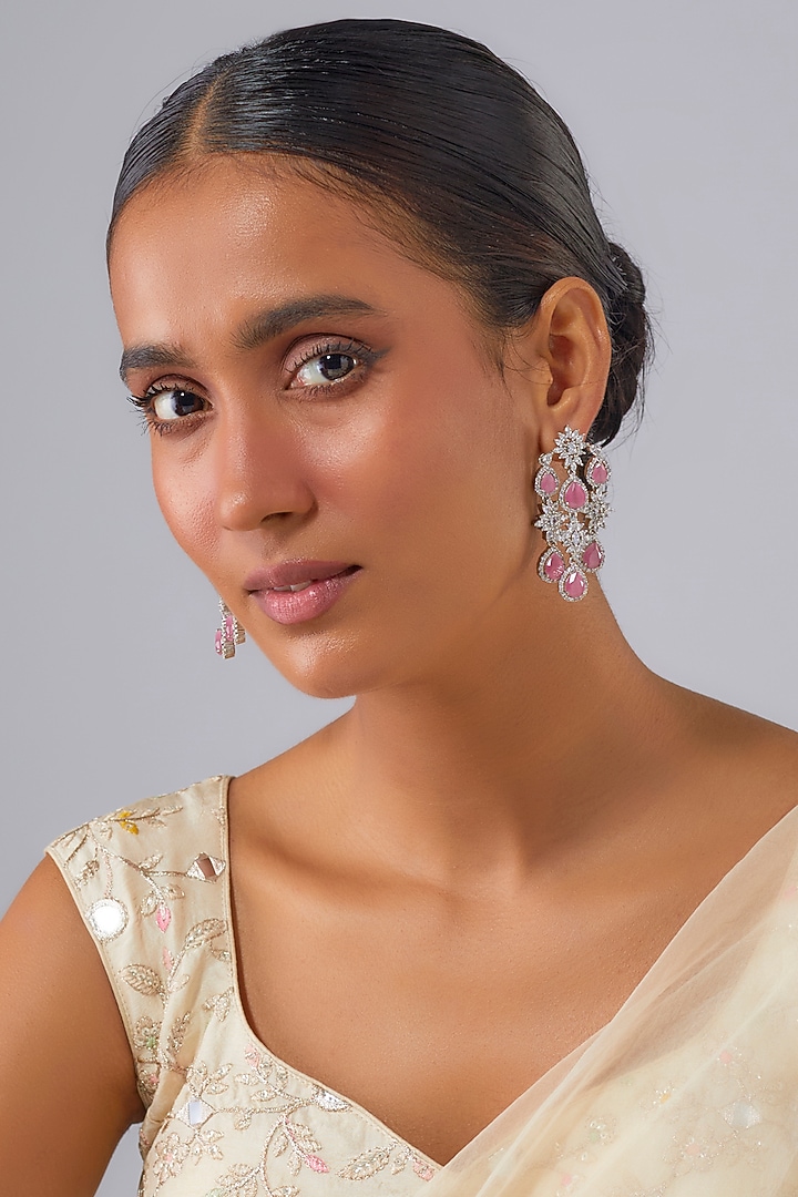 Silver Finish Pink Rose Quartz Stone & Zircon Dangler Earrings by Moh-Maya by Disha Khatri at Pernia's Pop Up Shop