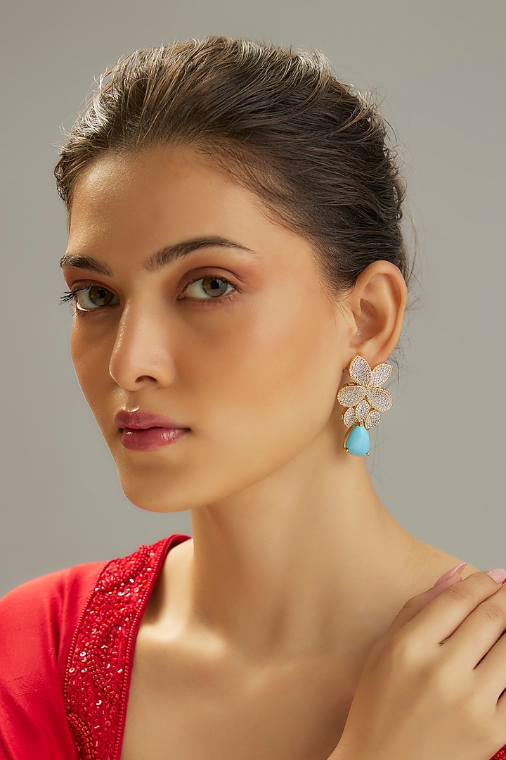 Gold Finish Opal Stone & Zircon Dangler Earrings by Moh-Maya by Disha Khatri at Pernia's Pop Up Shop