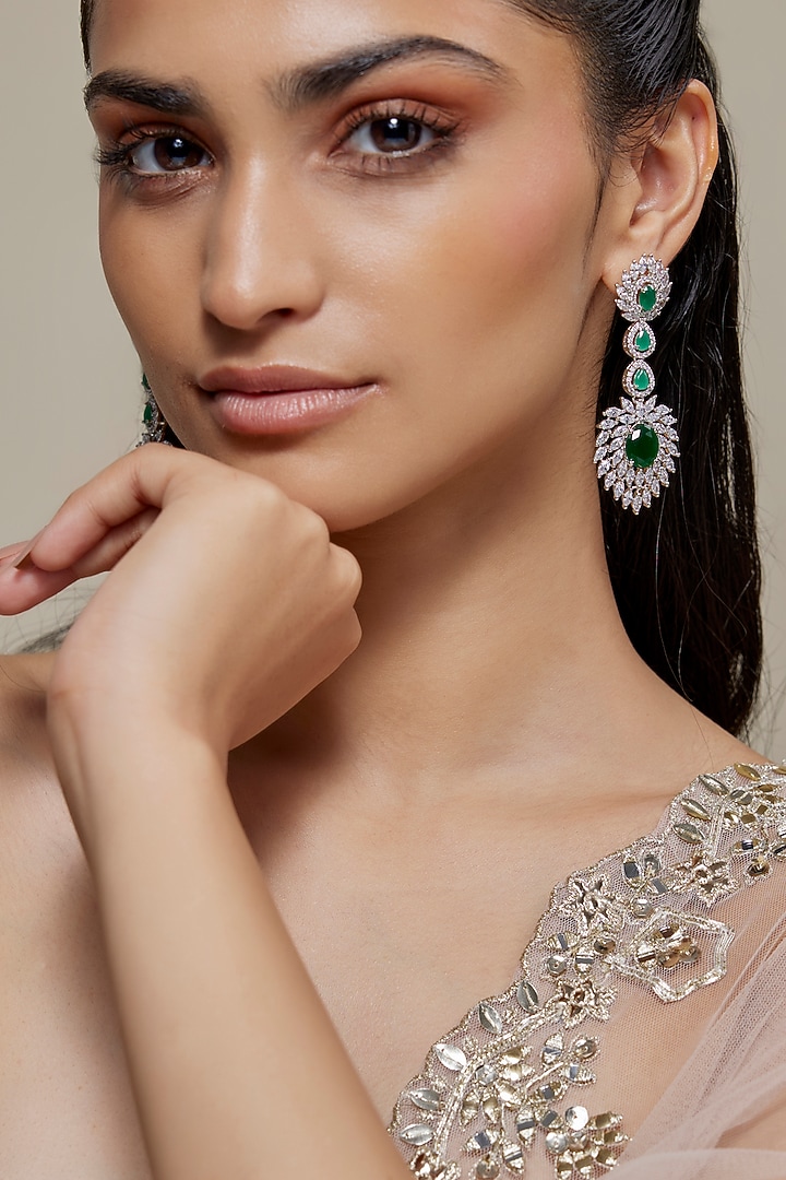Silver Finish Emerald Stone & Zircon Dangler Earrings by Moh-Maya by Disha Khatri at Pernia's Pop Up Shop