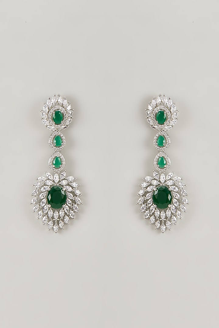 Silver Finish Emerald Stone & Zircon Dangler Earrings by Moh-Maya by Disha Khatri at Pernia's Pop Up Shop