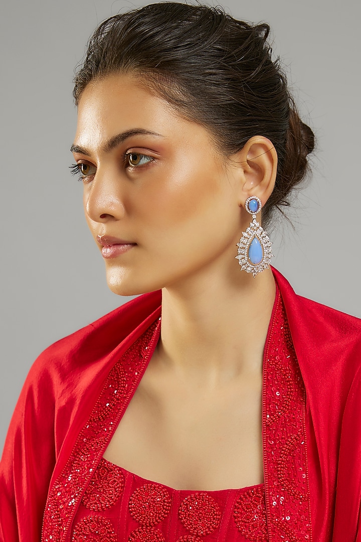 Silver Finsh Blue Opal Stone & Zircon Dangler Earrings by Moh-Maya by Disha Khatri at Pernia's Pop Up Shop