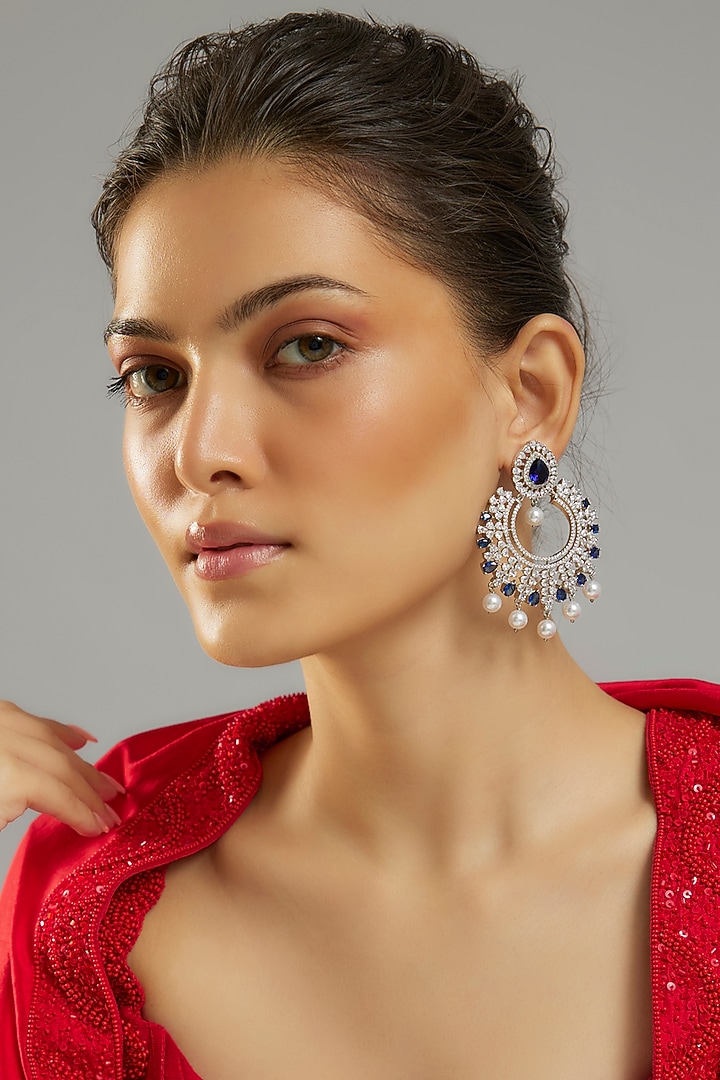 Silver Finish Sapphire Stone & Zircon Dangler Earrings by Moh-Maya by Disha Khatri at Pernia's Pop Up Shop