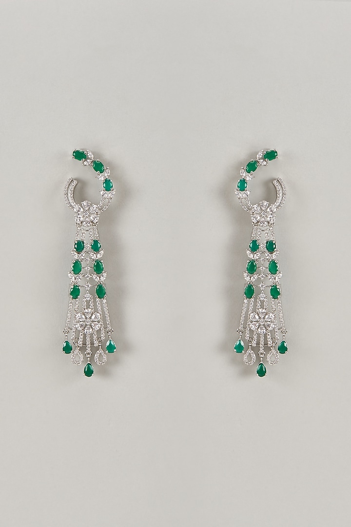 Silver Finish Zircon & Emerald Stone Dangler Earrings by Moh-Maya by Disha Khatri at Pernia's Pop Up Shop