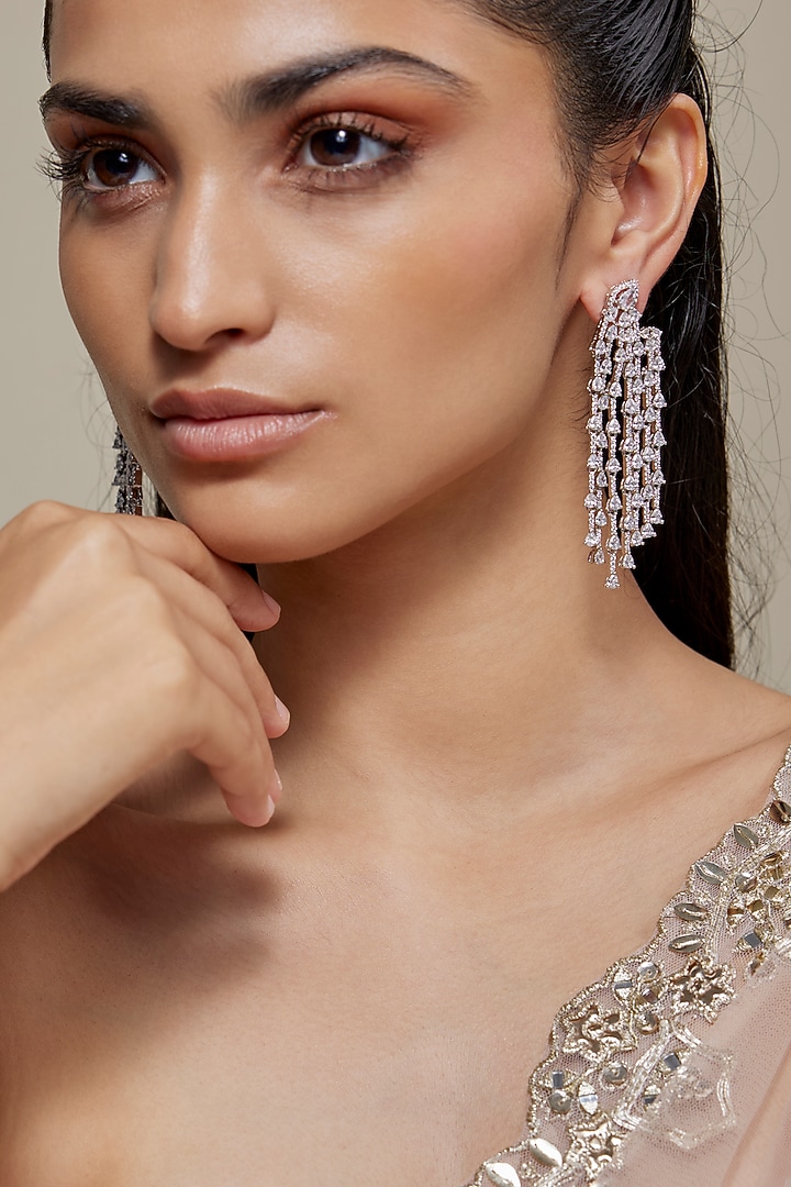 Silver Finish Zircon Dangler Earrings by Moh-Maya by Disha Khatri at Pernia's Pop Up Shop