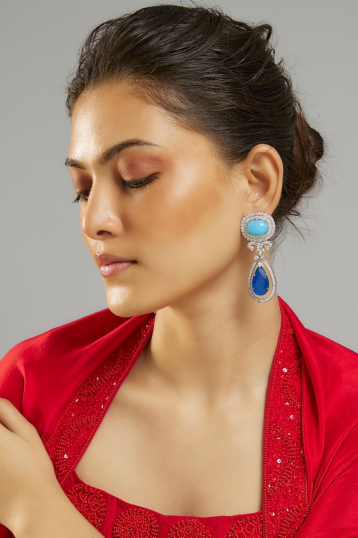 Silver Finish Sapphire Opal Stone & Zircon Dangler Earrings by Moh-Maya by Disha Khatri at Pernia's Pop Up Shop
