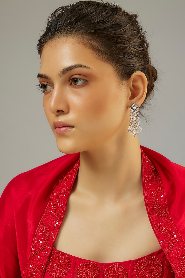 Silver Finish Zircon Dangler Earrings by Moh-Maya by Disha Khatri at Pernia's Pop Up Shop