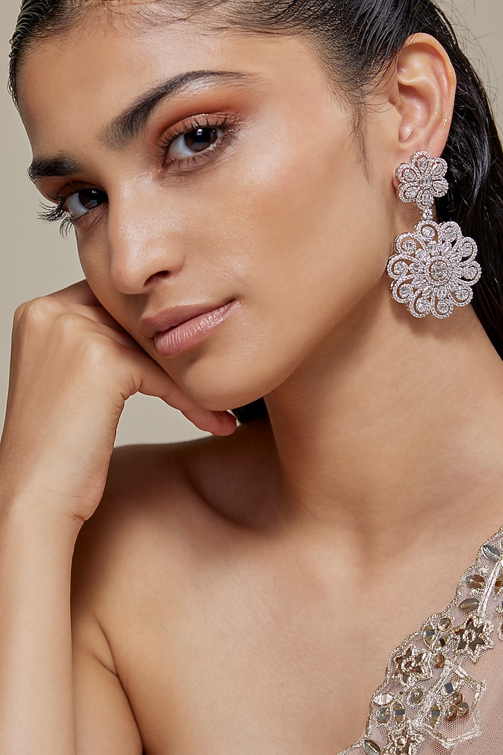 Silver Finish Zircon Dangler Earrings by Moh-Maya by Disha Khatri at Pernia's Pop Up Shop