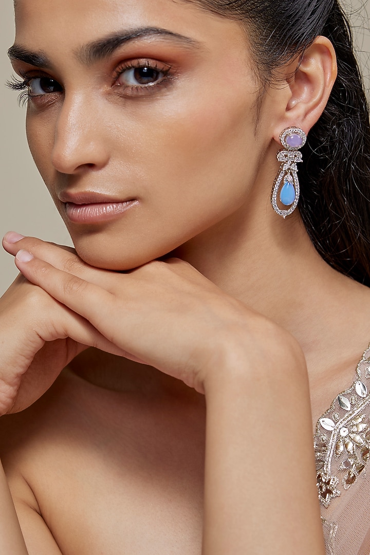 Silver Finish Turquoise Opal Stone & Zircon Dangler Earrings by Moh-Maya by Disha Khatri at Pernia's Pop Up Shop