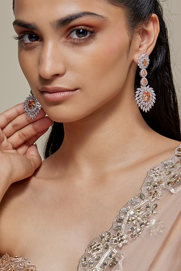 Silver Finish Orange Topaz Stone & Zircon Dangler Earrings by Moh-Maya by Disha Khatri at Pernia's Pop Up Shop