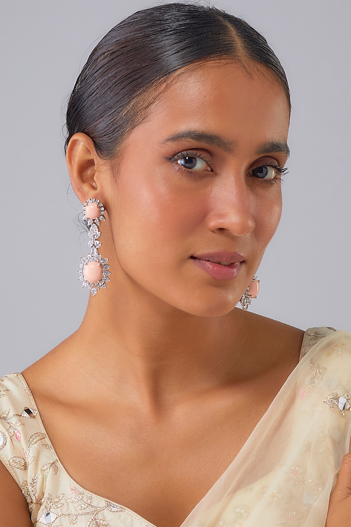 Silver Finish Peach Moon Stone & Zircon Dangler Earrings by Moh-Maya by Disha Khatri at Pernia's Pop Up Shop