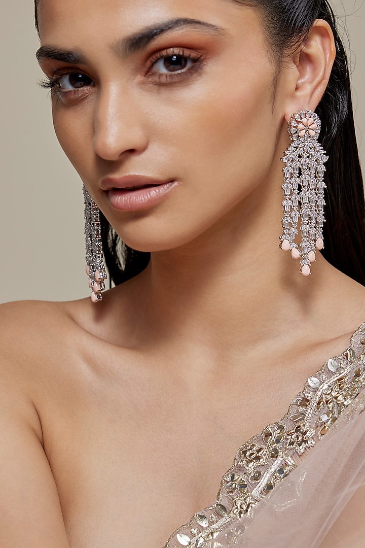 Silver Finish Peach Opal Stone & Zircon Dangler Earrings by Moh-Maya by Disha Khatri at Pernia's Pop Up Shop