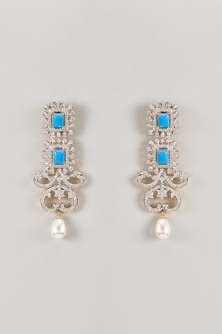 Gold Finish Blue Opal Stone & Zircon Dangler Earrings by Moh-Maya by Disha Khatri at Pernia's Pop Up Shop