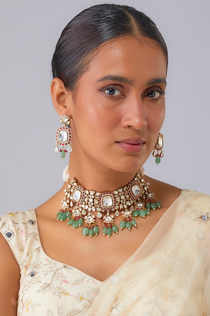 Gold Finish Zircon & Kundan Polki Choker Necklace Set by Moh-Maya by Disha Khatri at Pernia's Pop Up Shop