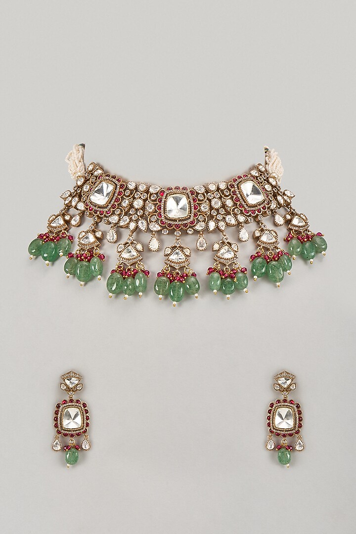 Gold Finish Zircon & Kundan Polki Choker Necklace Set by Moh-Maya by Disha Khatri at Pernia's Pop Up Shop