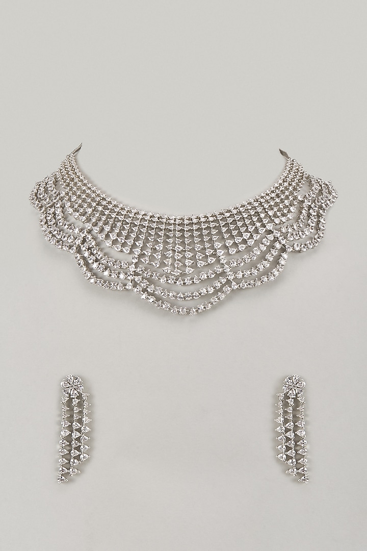 Silver Finish Moissanite Zircon Choker Necklace Set by Moh-Maya by Disha Khatri at Pernia's Pop Up Shop