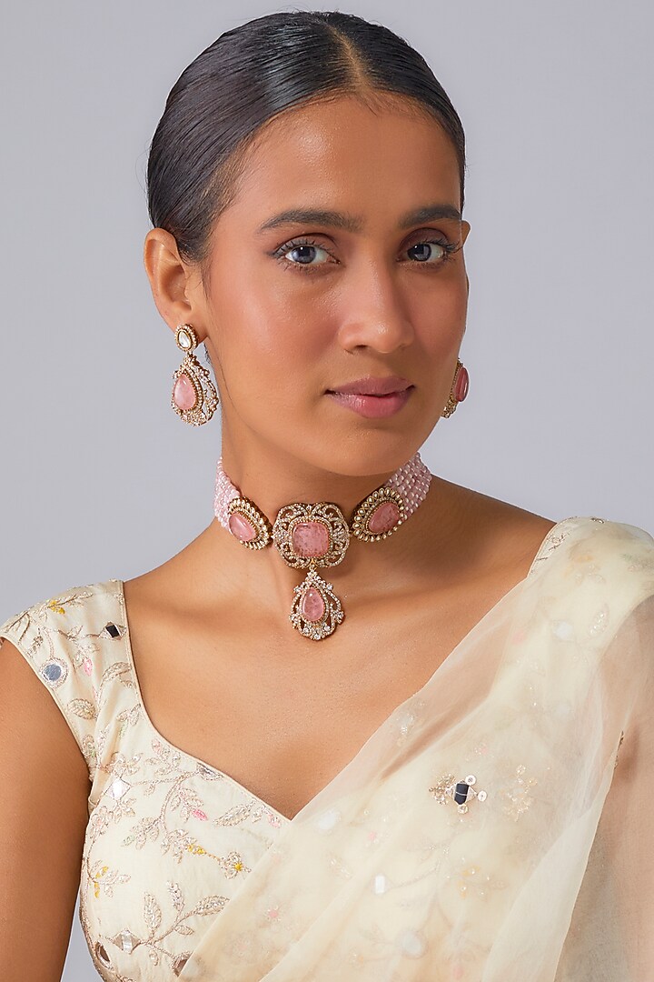 Gold Finish Rose Quartz Kundan Polki & Pink Beaded Choker Necklace Set by Moh-Maya by Disha Khatri at Pernia's Pop Up Shop