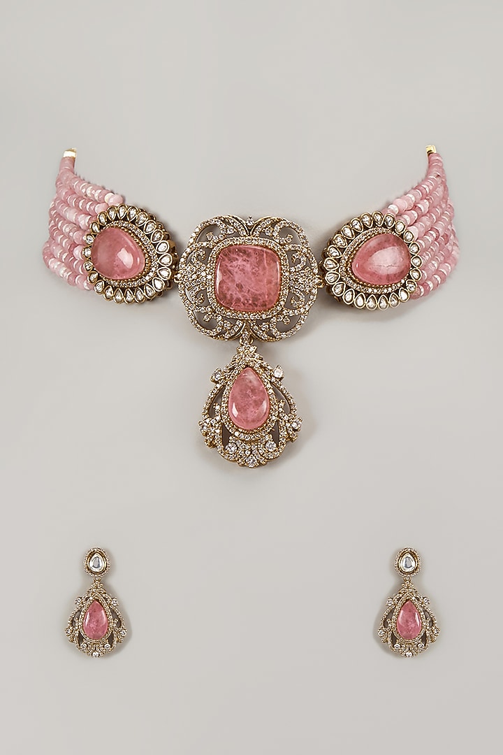 Gold Finish Rose Quartz Kundan Polki & Pink Beaded Choker Necklace Set by Moh-Maya by Disha Khatri at Pernia's Pop Up Shop