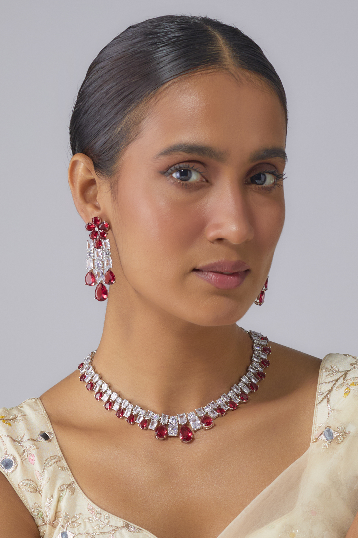 White Finish Zircon & Ruby Stone Choker Necklace Set by Moh-Maya by Disha Khatri at Pernia's Pop Up Shop