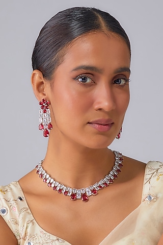 White Finish Zircon & Ruby Stone Choker Necklace Set by Moh-Maya by Disha Khatri