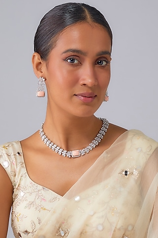 White Finish Zircon & Peach Opal Stone Necklace Set by Moh-Maya by Disha Khatri