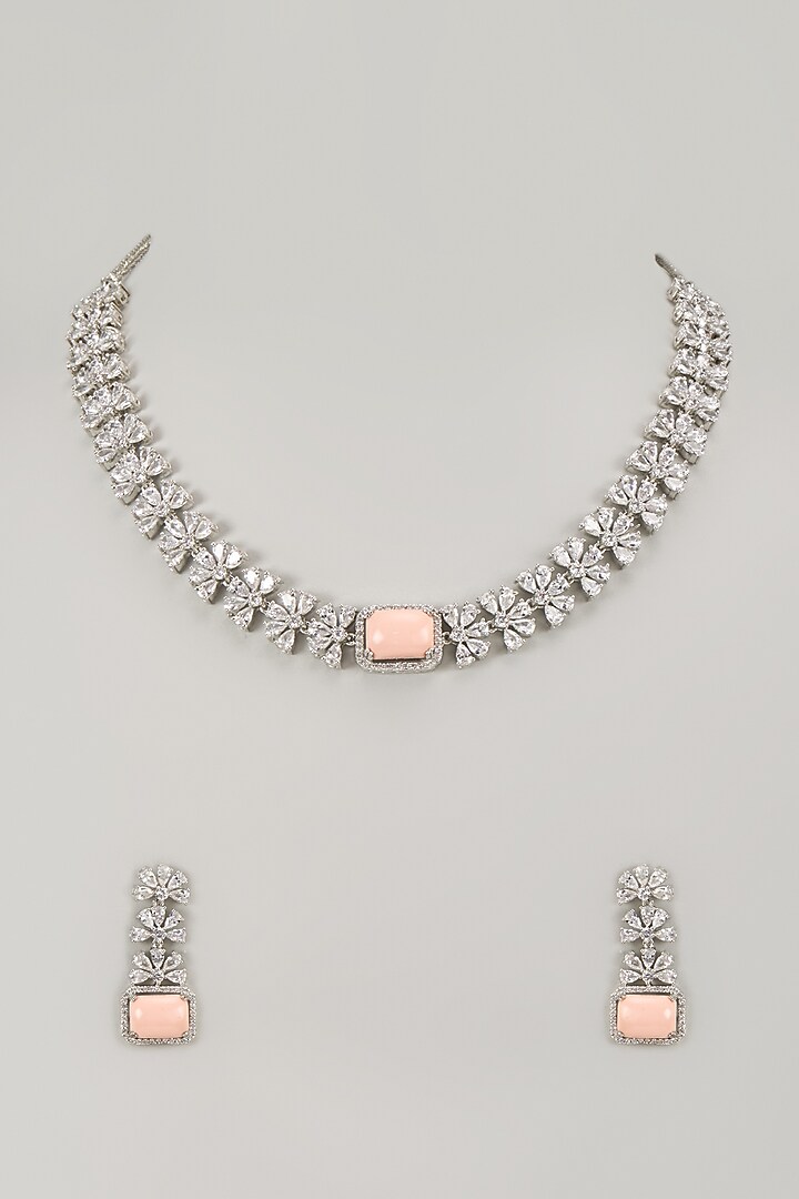 White Finish Zircon & Peach Opal Stone Necklace Set by Moh-Maya by Disha Khatri at Pernia's Pop Up Shop