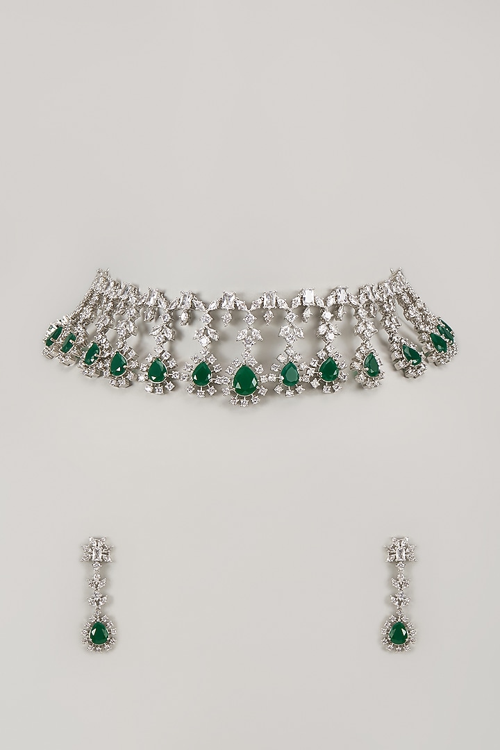 White Finish Zircon & Emerald Stone Choker Necklace Set by Moh-Maya by Disha Khatri at Pernia's Pop Up Shop