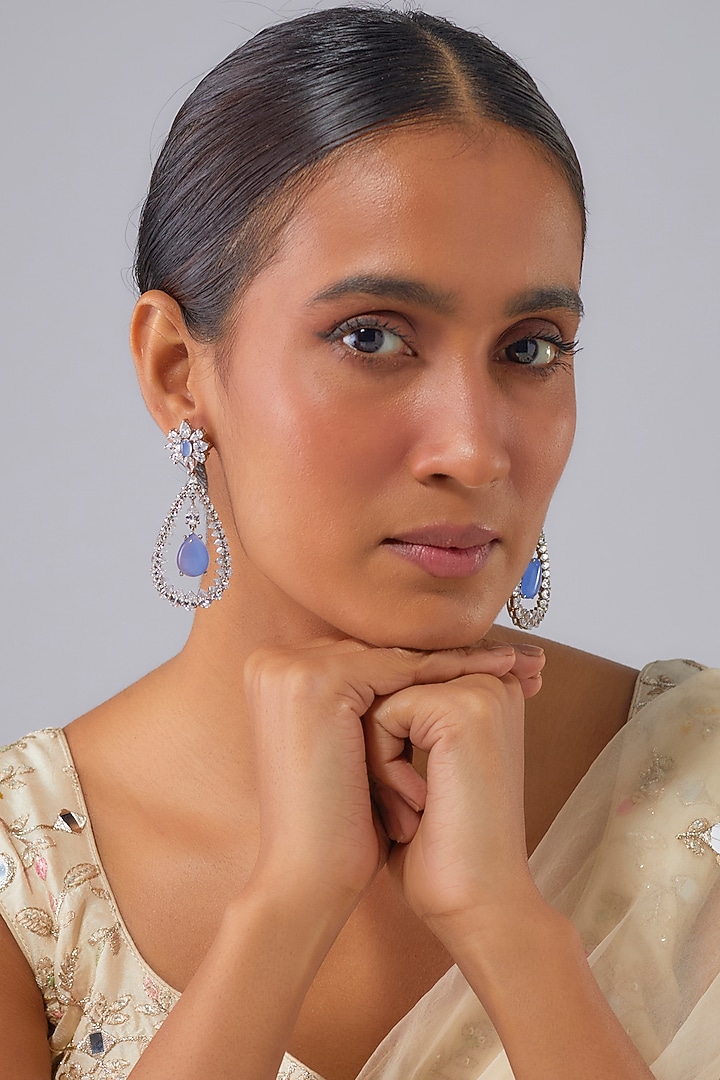 White Finish Zircon & Blue Opal Stone Dangler Earrings by Moh-Maya by Disha Khatri at Pernia's Pop Up Shop